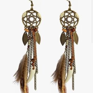 Brown Dream Catcher Feather Earrings Vintage Bohemian